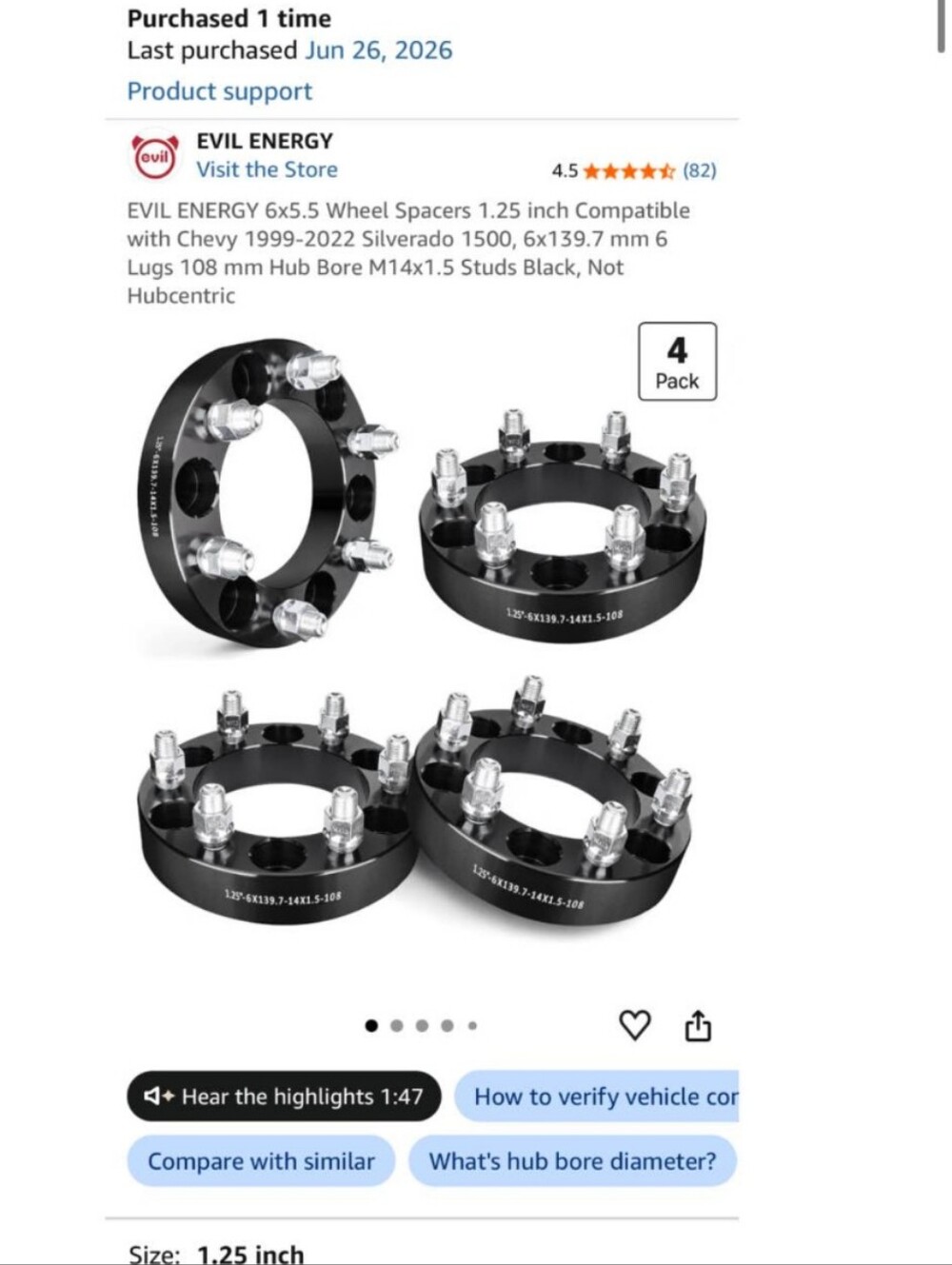 Four 1.25" Black Wheel Spacers